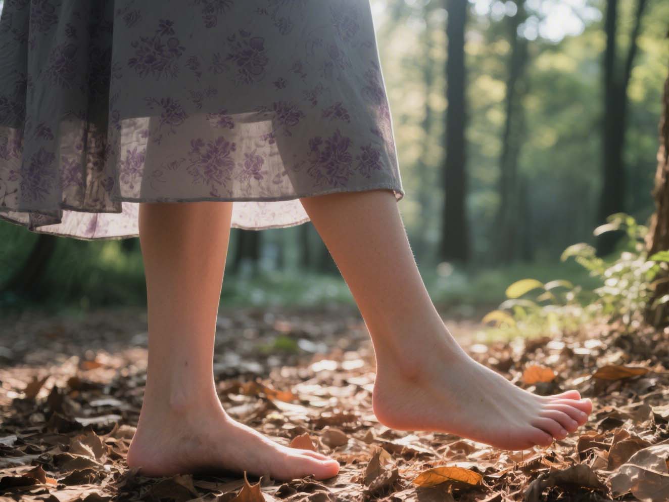 Feet walking softly in a forest with aesthetic perspective