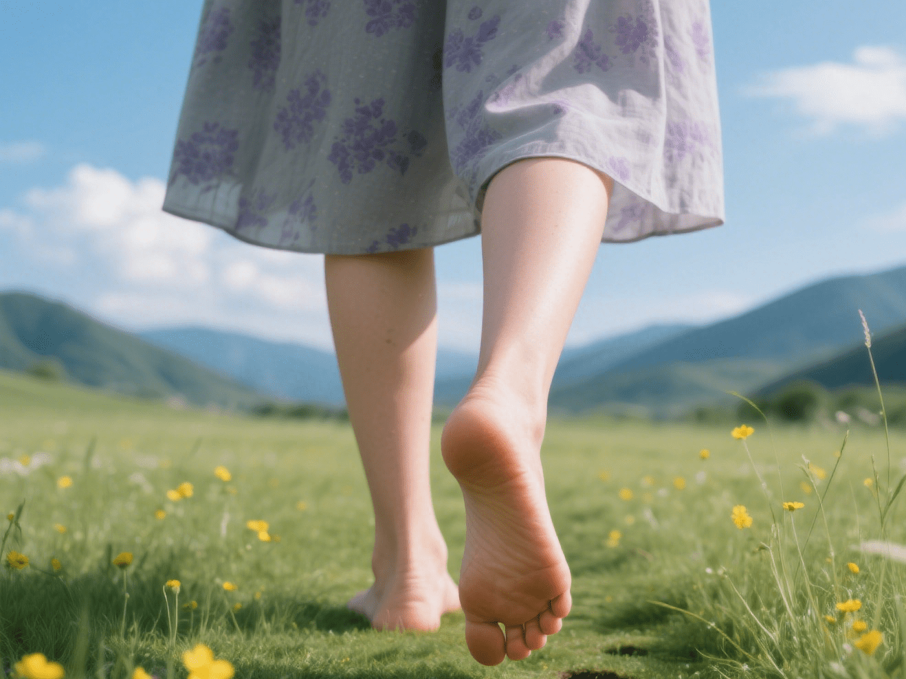Bare foot pressing into fresh green grass