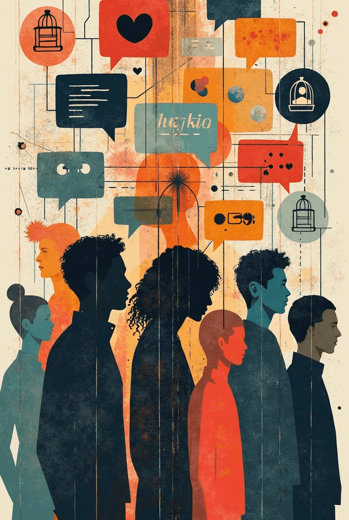 Collage of diverse people and chastity cage icons representing multiple voices in chastity experiences