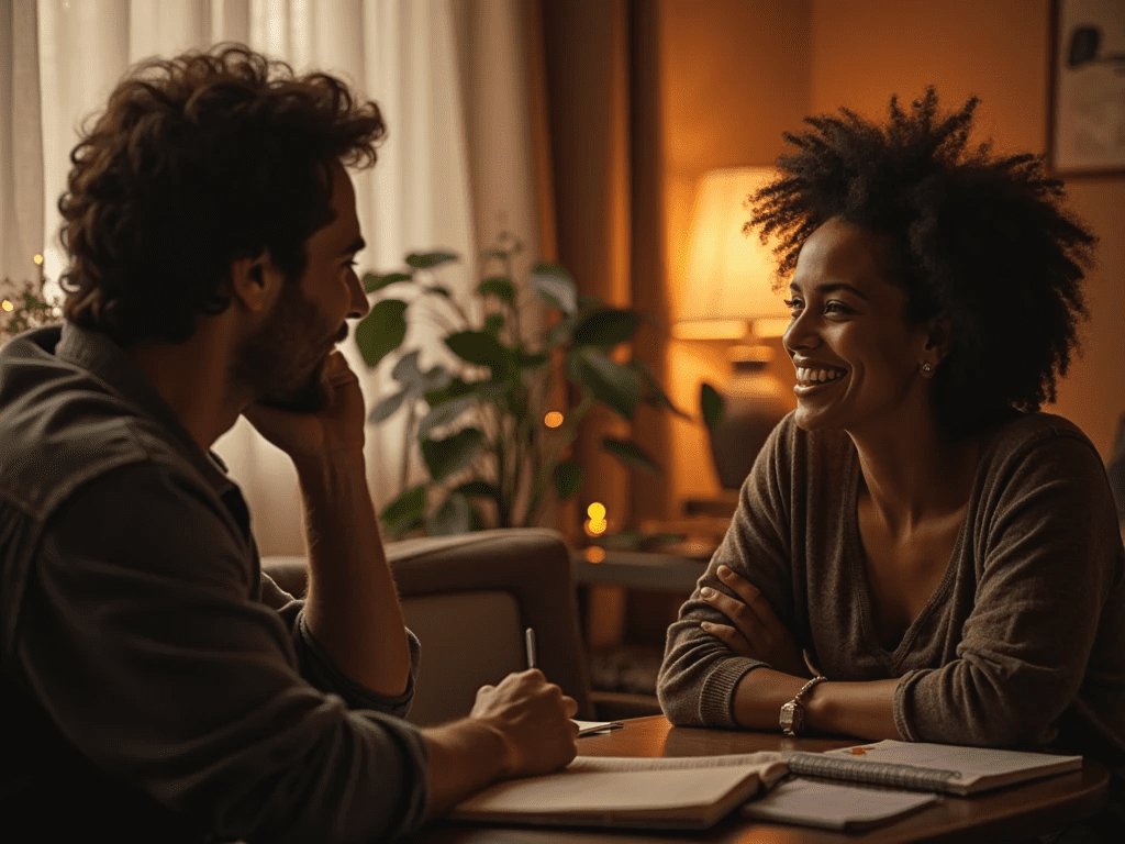 Illustration of two people negotiating BDSM consent with mutual smiles and a checklist
