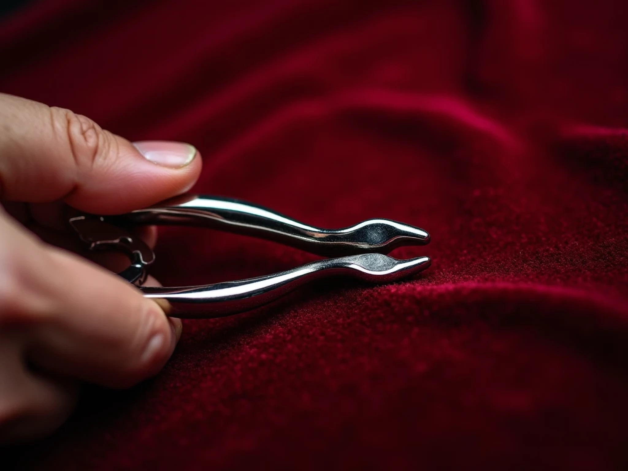 Macro photo of nipple clamps gently applied on pale skin, under soft red lighting, leather strap in background
