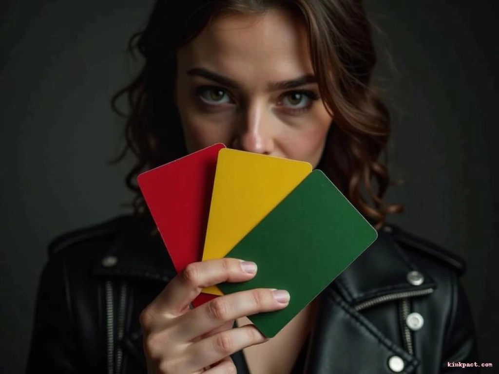 a woman’s hand holding three colored cards (red, yellow, green) with serious expression