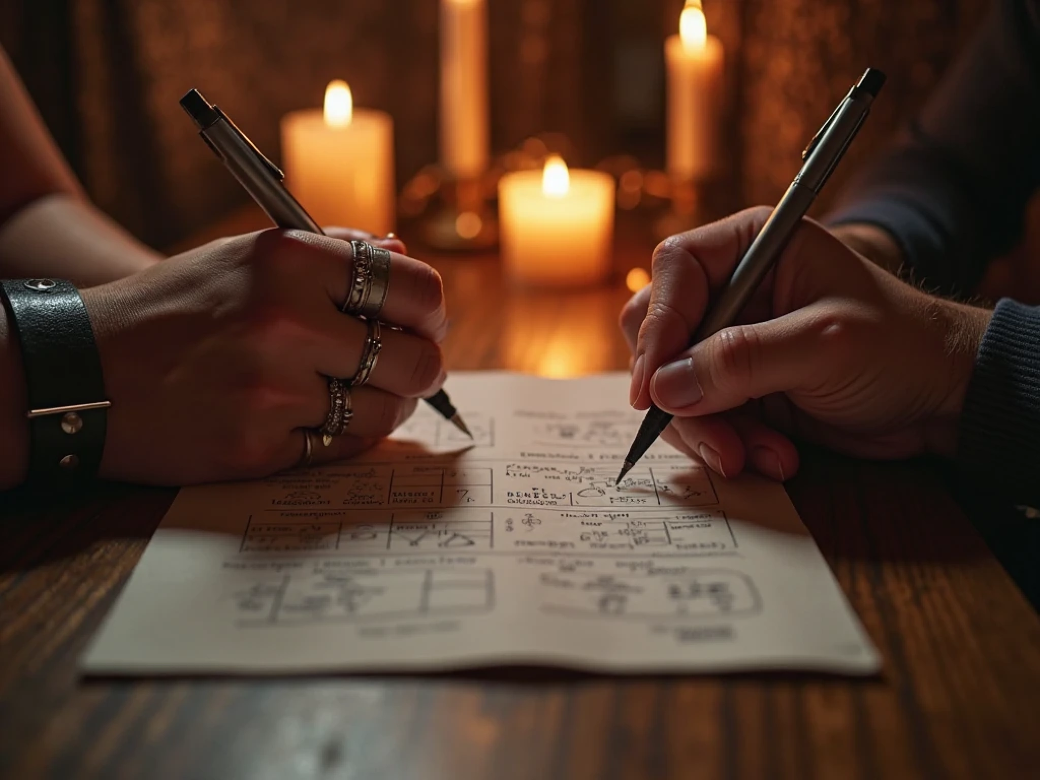 cropped view of a BDSM checklist on table with two hands filling it in using pens