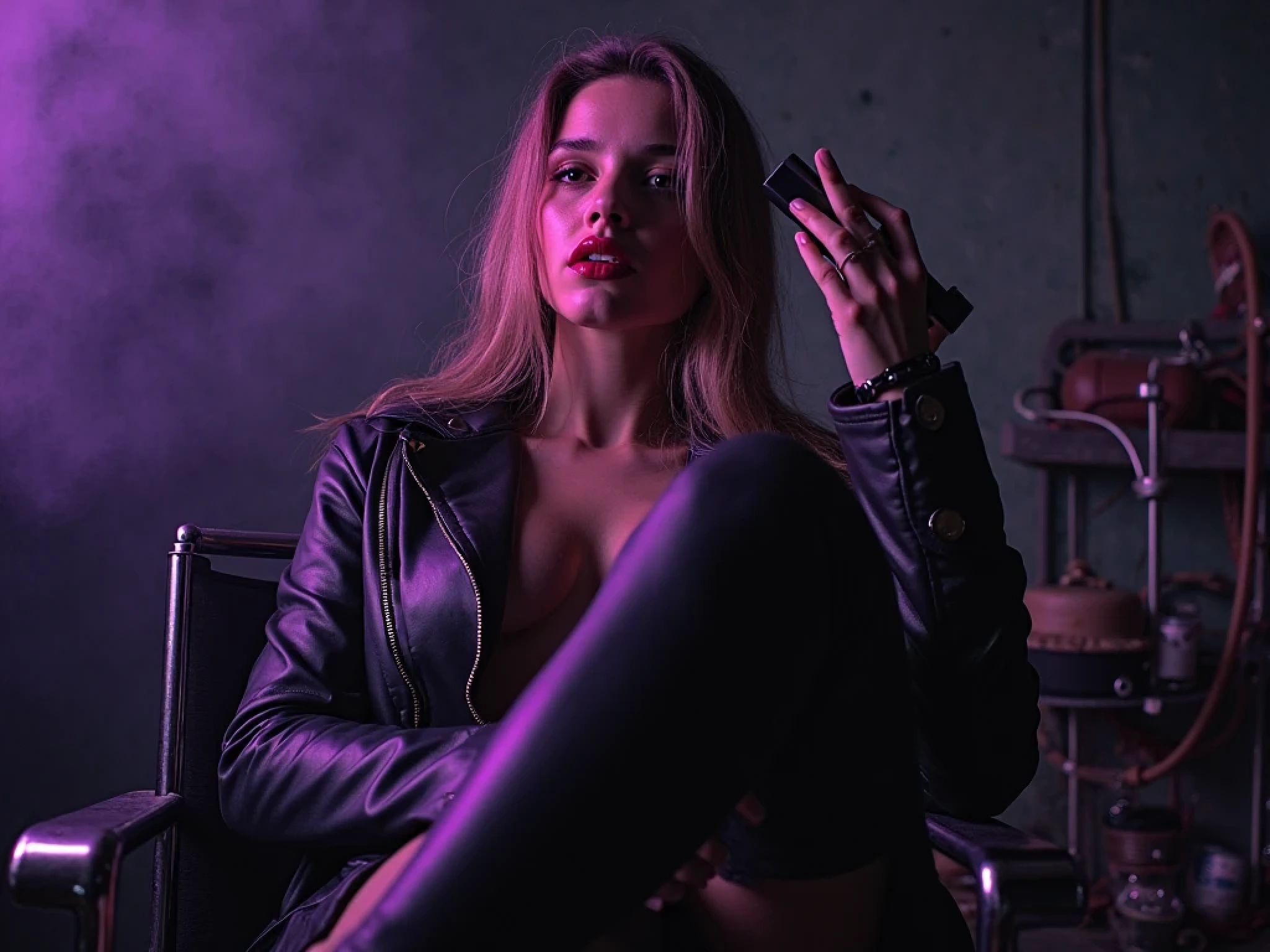 dominant expression, dressed in a dark leather jacket, leaning back in a metal chair with her legs crossed. Moody, cinematic lighting. Blurred BDSM toys in the background