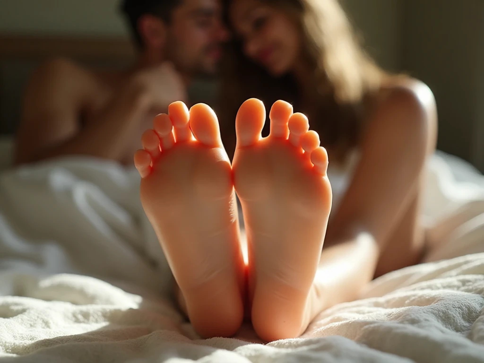 Couple exploring foot fetish together with a lifelike foot model