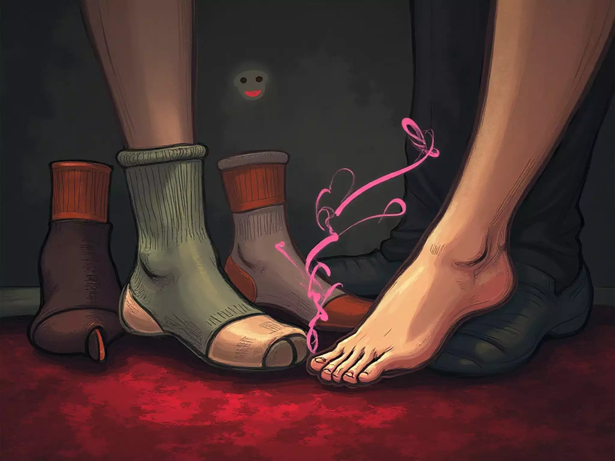 Include a single elegant foot (no face, focusing on toes and arch) partially visible, with a faint scent trail (stylized as swirling lines in soft pink) rising from the socks. Add a playful wink emoji or mischievous grin subtly integrated into the background as a nod to the article's humor.