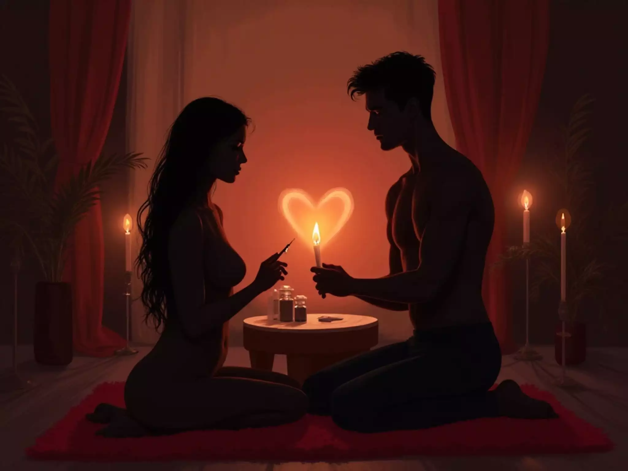 Sensual Atmosphere for Breast Worship A dimly lit room with candles for a sensual breast worship ritual